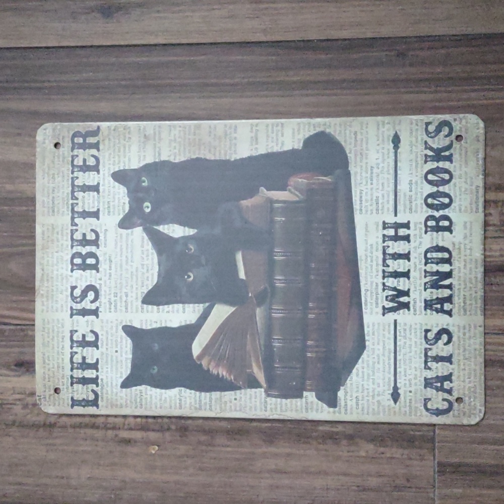 𝅺Vintage Style Tin Wall Decor Black Cats - Life is Better With Cats And Books